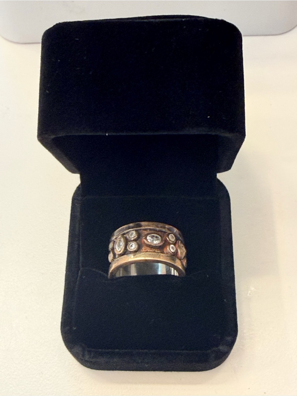 Sterling Stamped Mixed Metal Clear Stone Statement Ring, Size 7.5
